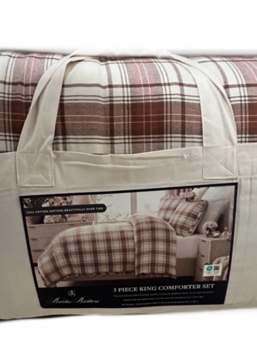 Brooks Brothers Red and White Cotton Plaid King Comforter Set 106”x90”